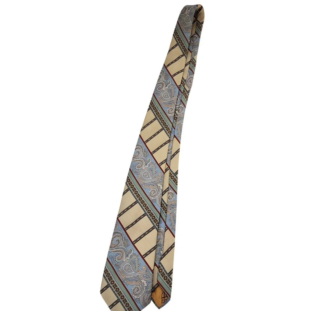 Vintage Danbury Mens Tie Paisley Geometric Tan Blue Burgundy WPL 6141 Polyester